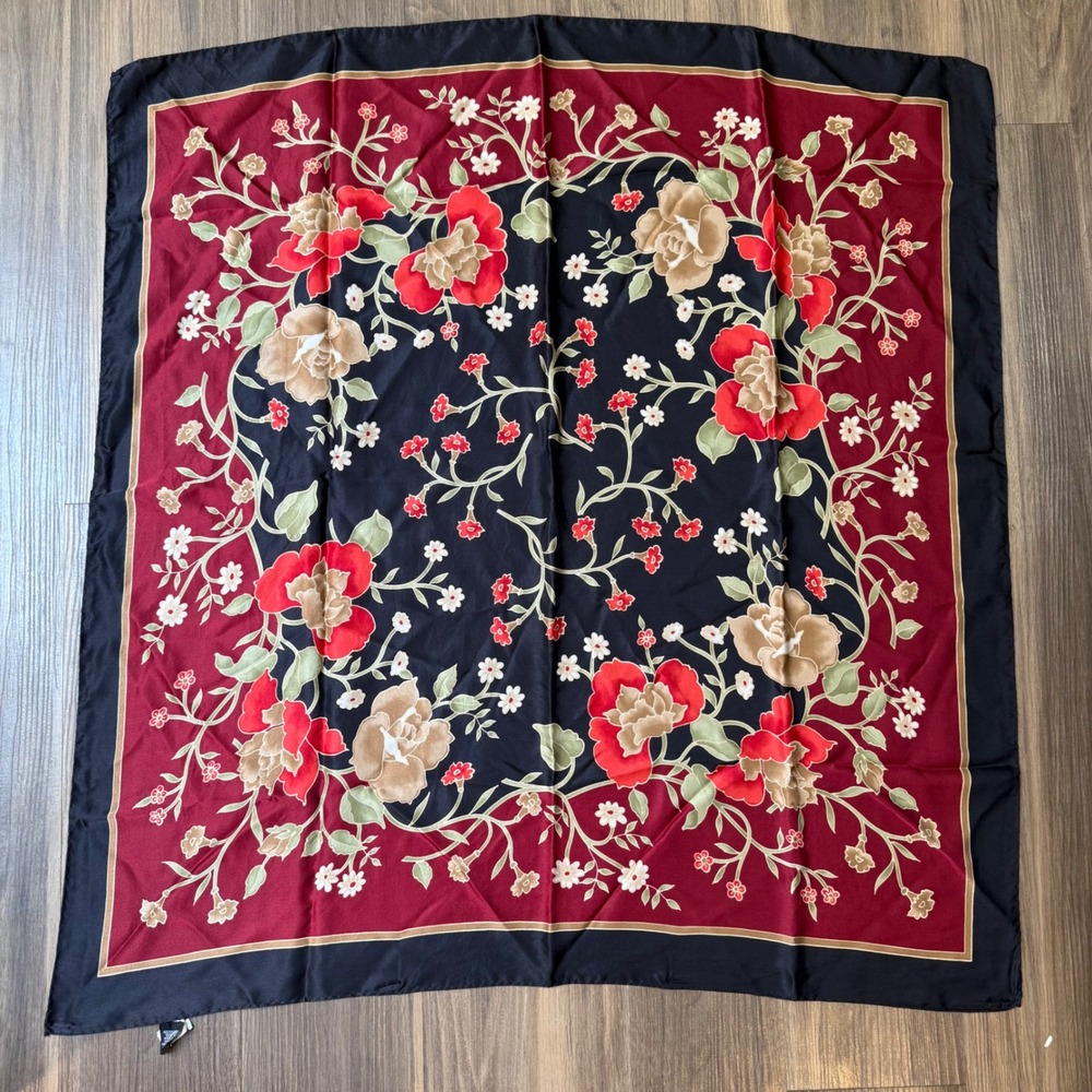 Silk Scarf Womens OS Red Black Floral Square Made in Italy Hand Rolled Hem